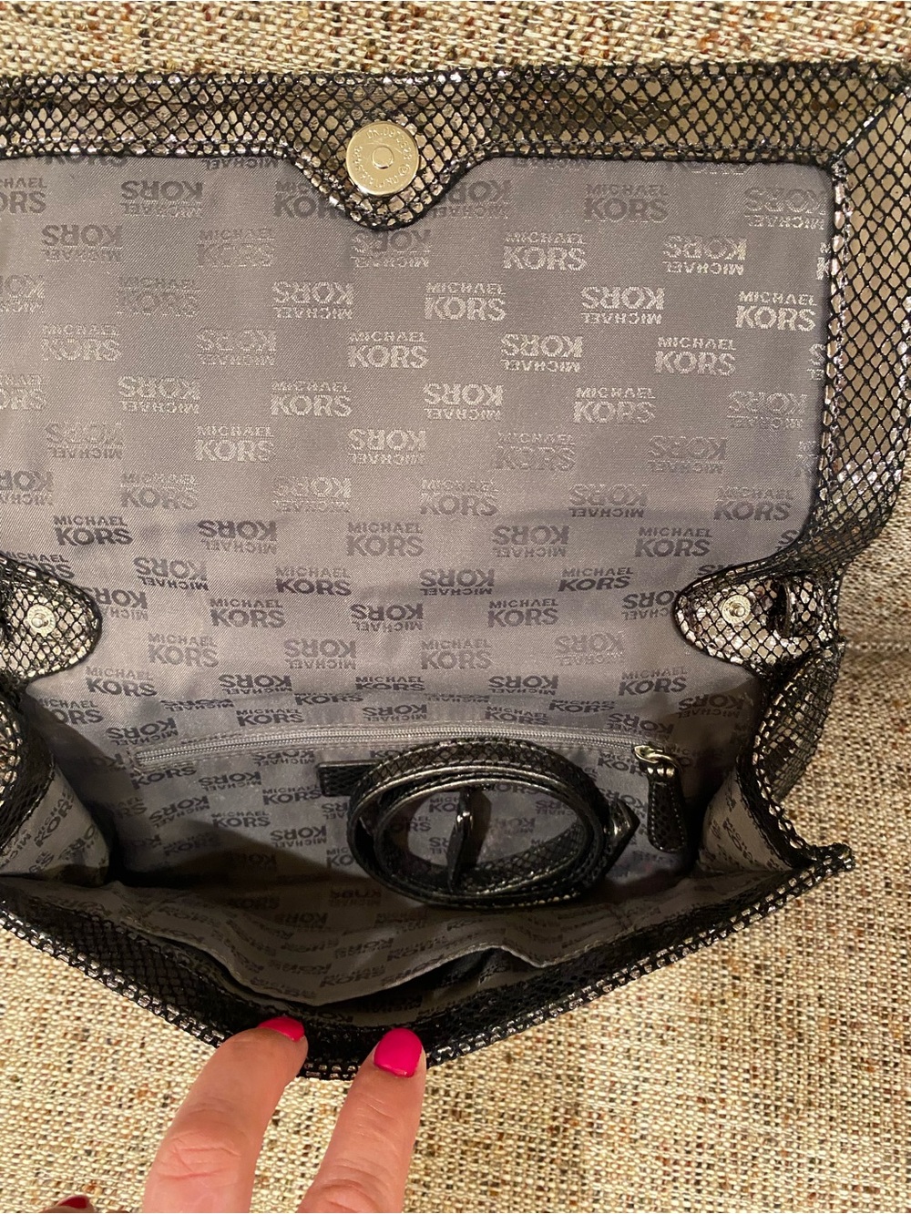 Vintage Brand New MK Black Metallic Snakeskin-Effect Clutch with Silver Buckle - Picture 11 of 16